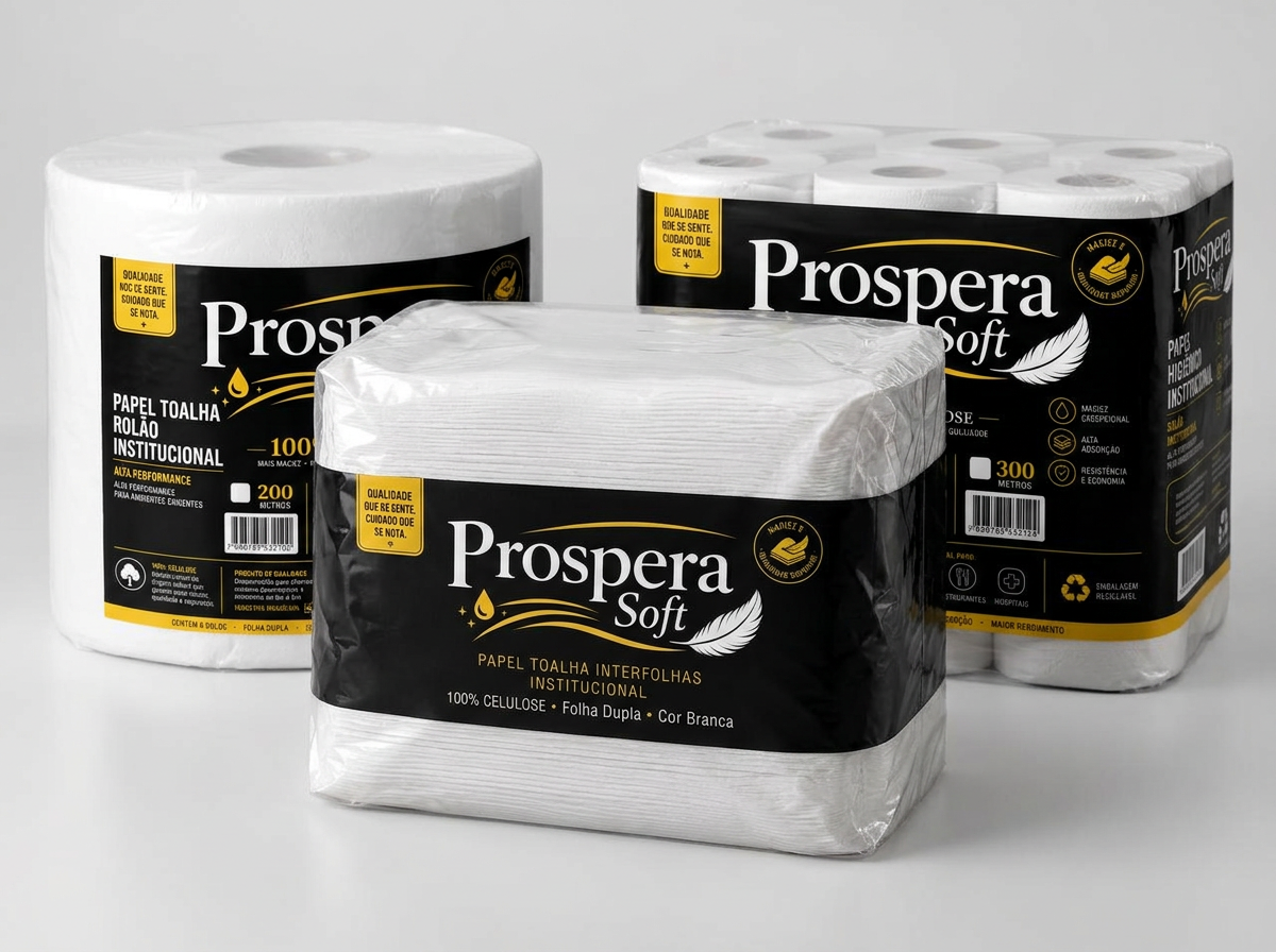 Linha de papéis descartáveis Prospera: bobinas, papel interfolha e papel higiênico