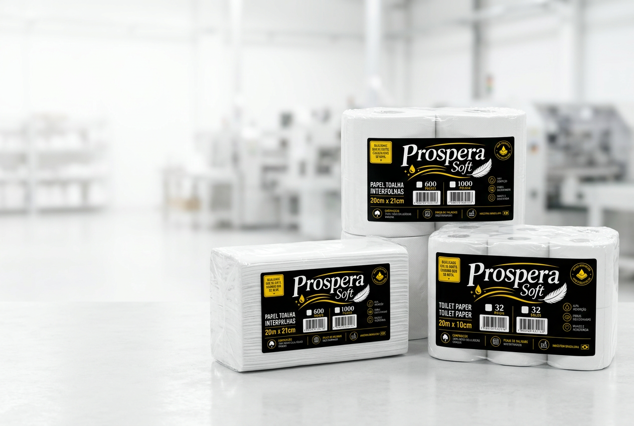 Linha de papéis descartáveis Prospera: bobinas, papel interfolha e papel higiênico
